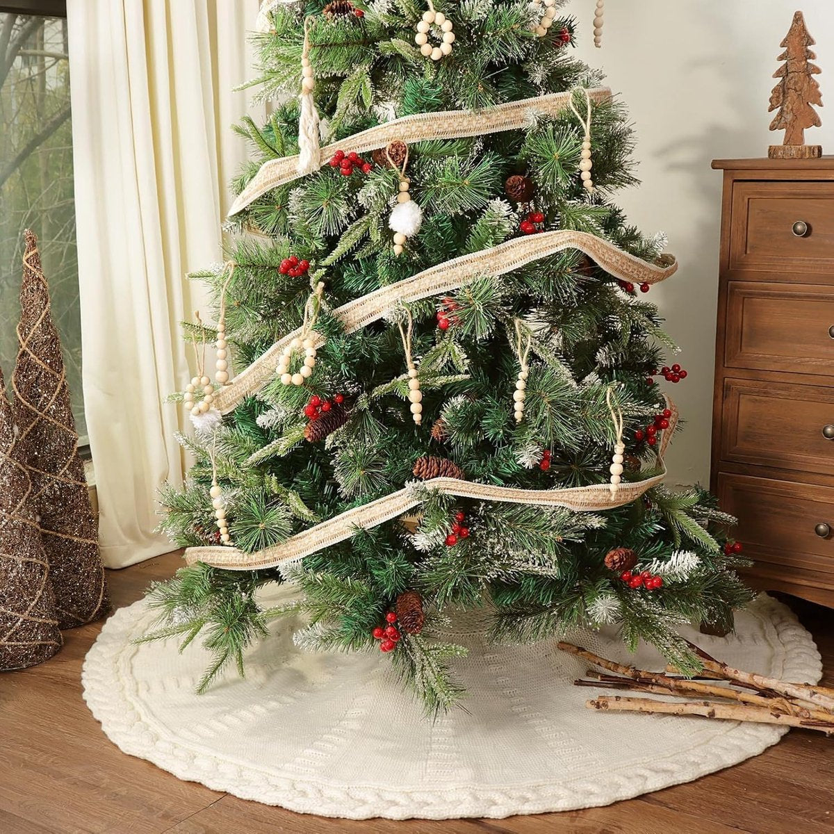 48-inch Christmas tree skirt - Braided cable knit tree skirt - for a 7.5-foot tree - Cream white tree skirt - Vintage tree skirts - Rustic farmhouse Christmas decorations