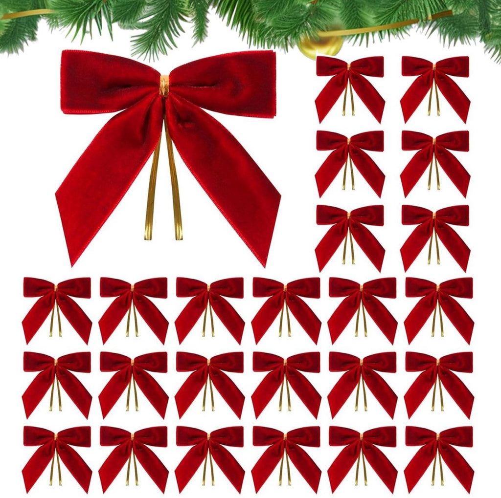 24 Piece Velvet Christmas Bows - Glitter - Christmas Decoration Bows - Christmas Ornaments - Christmas Tree Decoration - Christmas Bows - Christmas Atmosphere - Christmas - 3.5 x 3.5 inches - For Christmas Party, Christmas Tree, Indoors, Crafts - Red