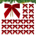 24 Piece Velvet Christmas Bows - Glitter - Christmas Decoration Bows - Christmas Ornaments - Christmas Tree Decoration - Christmas Bows - Christmas Atmosphere - Christmas - 3.5 x 3.5 inches - For Christmas Party, Christmas Tree, Indoors, Crafts - Red