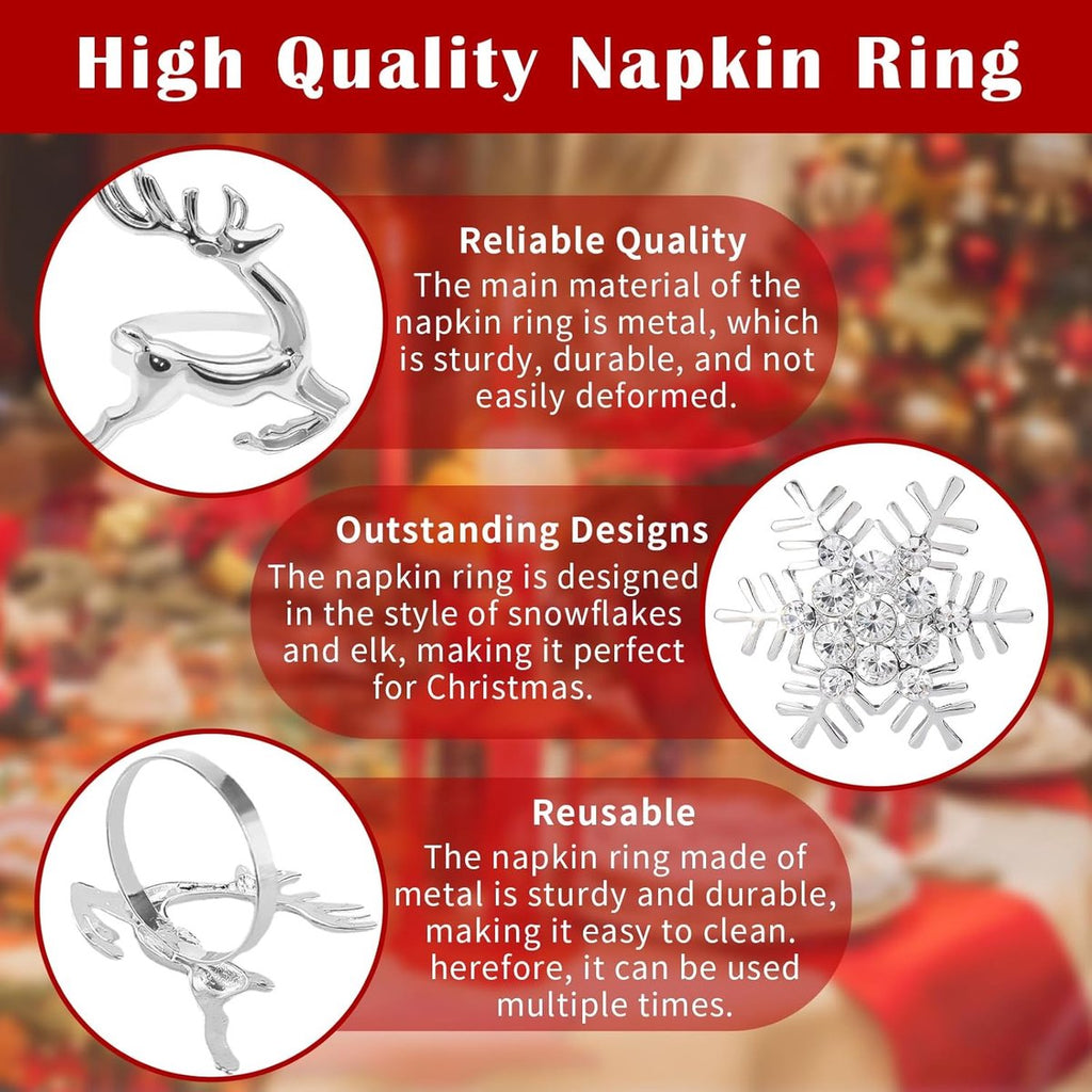 Napkin Rings for Christmas - 12 Pieces - Moose & Snowflakes - Silver Napkin Ring - Napkin Rings Table Decoration - Napkin Rings for Christmas, Thanksgiving, Wedding