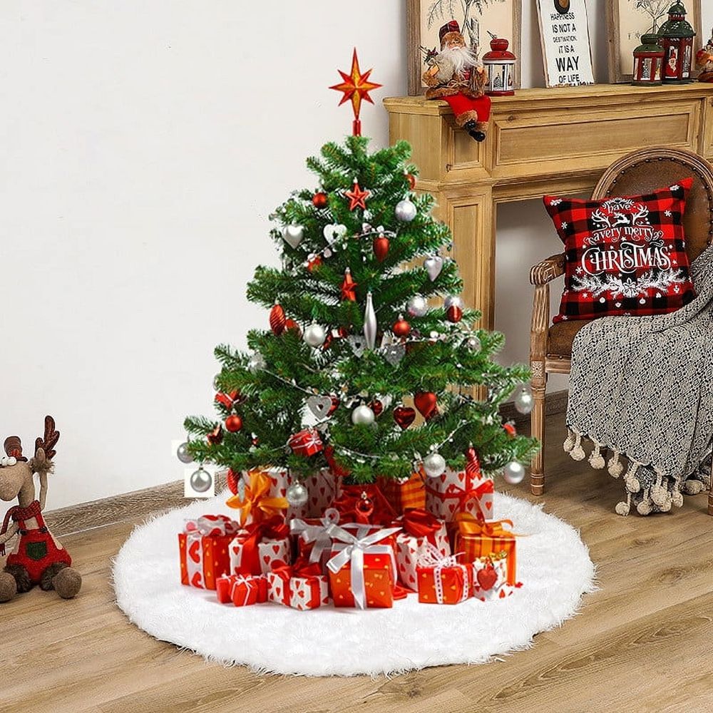 Faux Fur Christmas Tree Skirt, White Fluffy Plush Skirt for Christmas Tree, White Christmas Tree Rug Skirt Perfect for Christmas Party Decorations, 30 inches