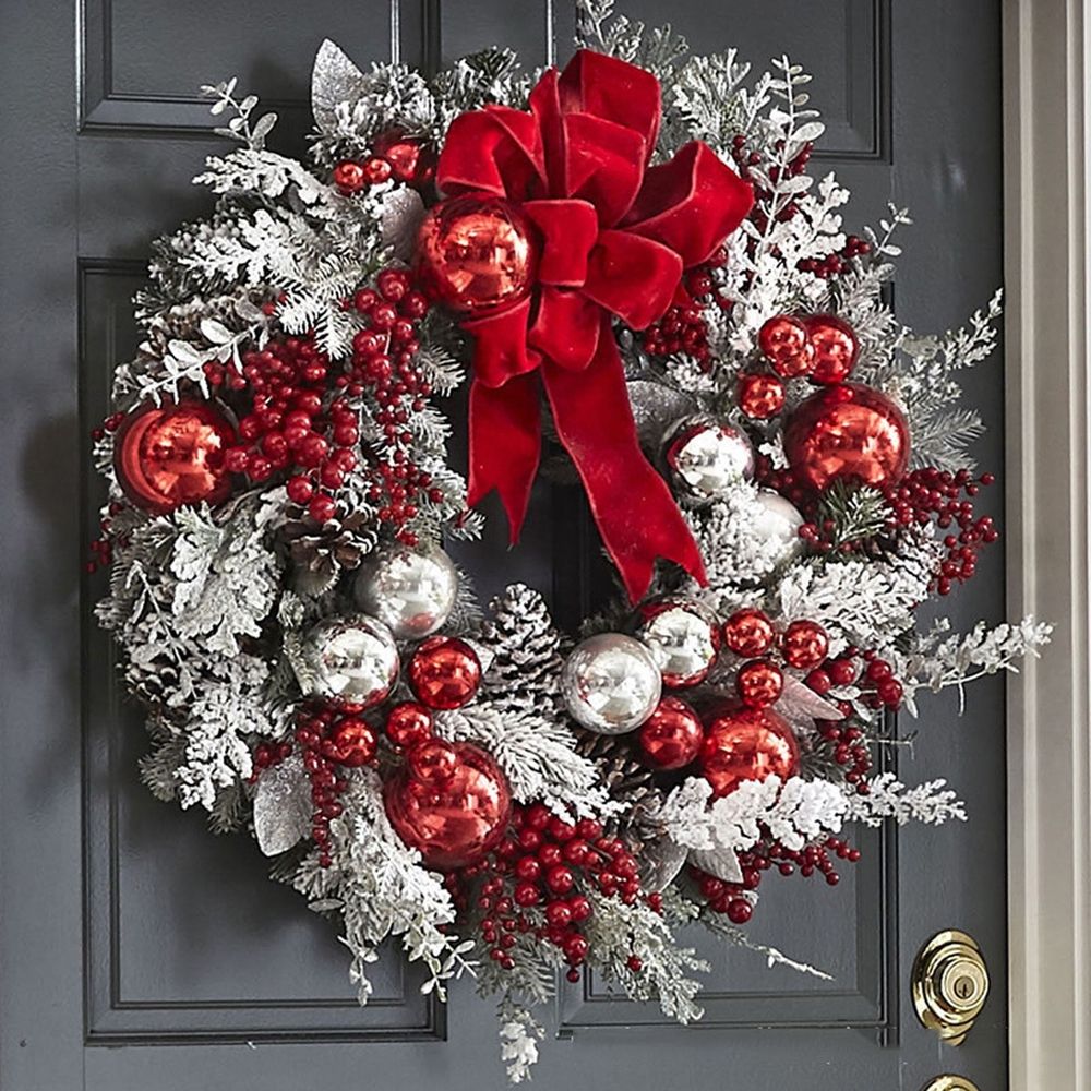 Christmas Reef,Christmas Door Wreath Artificial Christmas Wreath, Decorated with Christmas Balls,Christmas Bows, Pine Cones, Berry Clusters, Frosted Branches, Christmas Collection,15.75 Inches