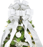 Christmas Tree Topper, 40x13 Inches Toppers Bow with Glitter Satin Mesh Streamer and Patterned Ribbon, Christmas Tree Topper Bow for Christmas Home Decoration (White)