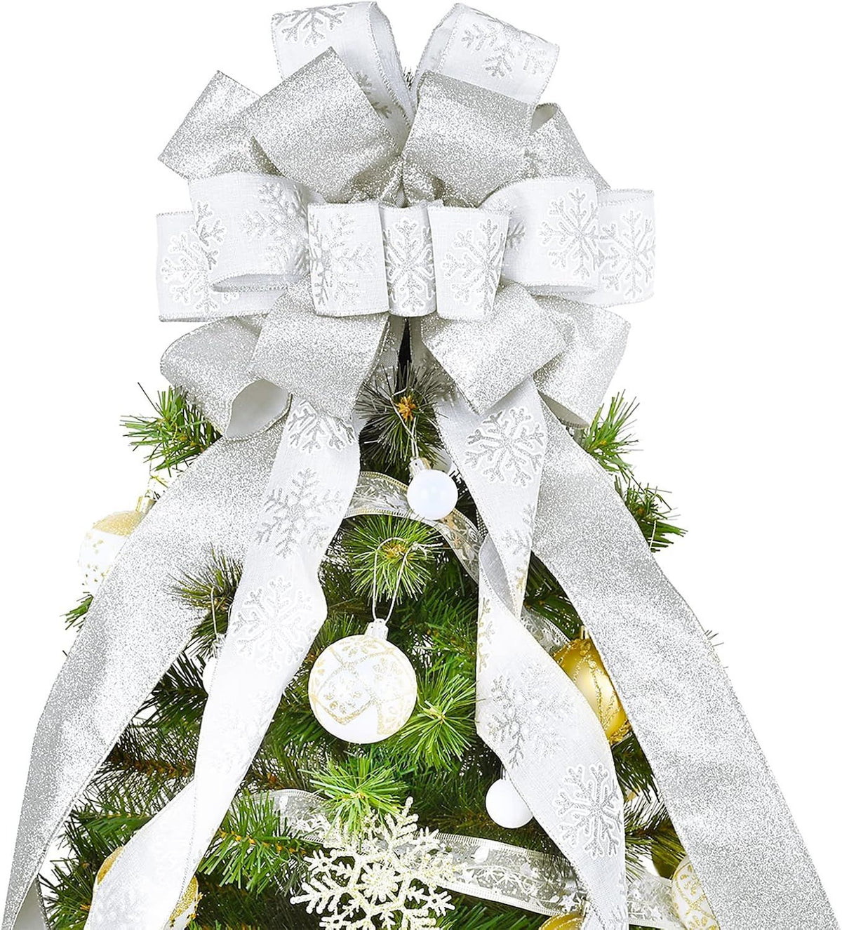 Christmas Tree Topper, 40x13 Inches Toppers Bow with Glitter Satin Mesh Streamer and Patterned Ribbon, Christmas Tree Topper Bow for Christmas Home Decoration (White)