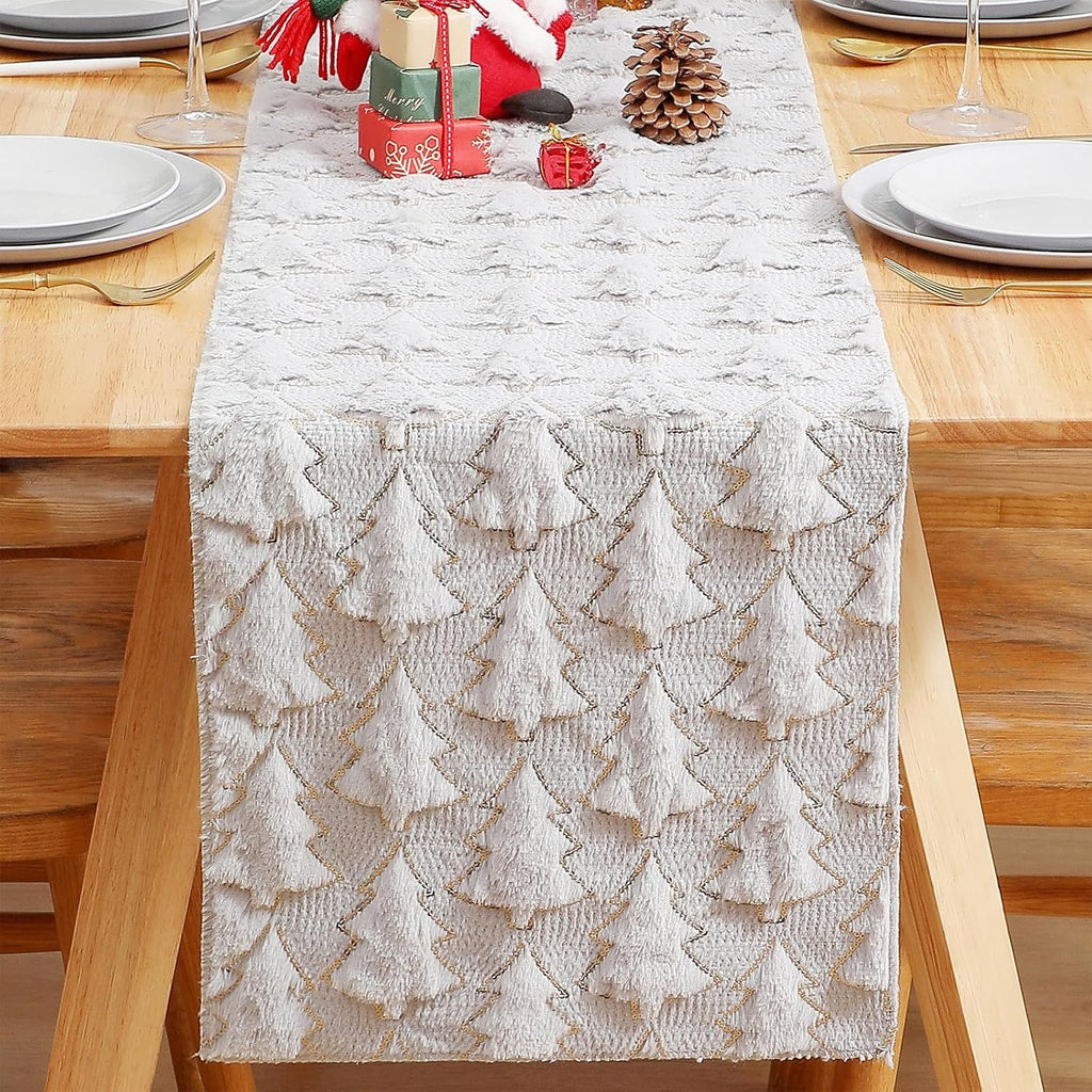 Christmas Tree Soft Plush Faux Fur Christmas Table Runner Winter Holiday Kitchen Dining Table Decoration for Home Party Decor (White, 13X72 Inch)