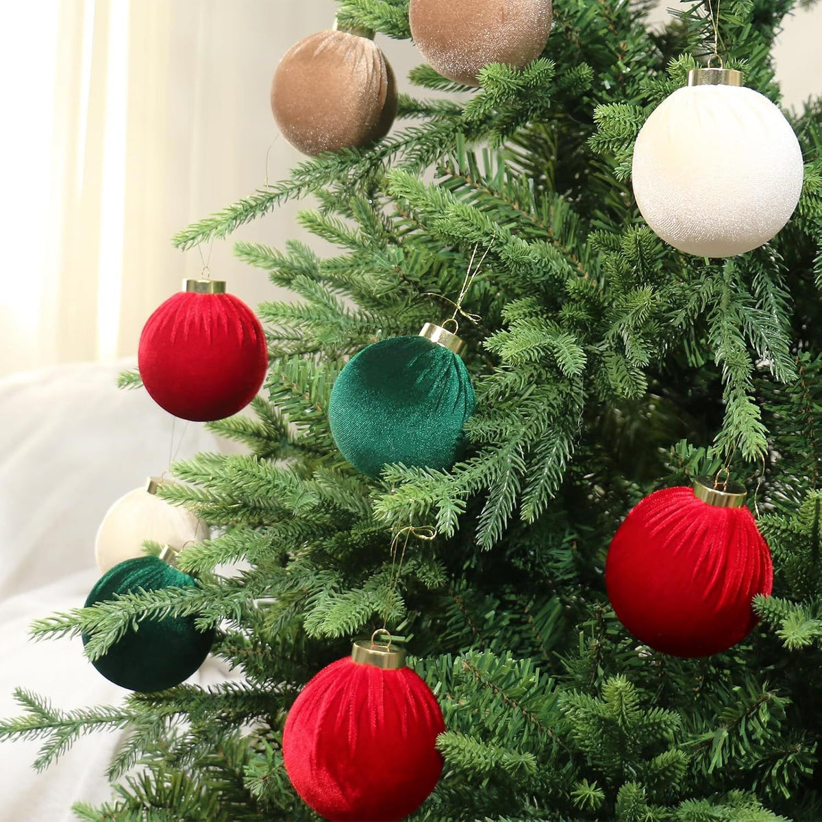 3.14" Velvet Christmas Balls, 12PCS 80MM Plastic Christmas Ball Ornaments for Xmas Tree Hanging Decorations Assortment, for Holiday Party Decor, Red, White, Green, Coffee