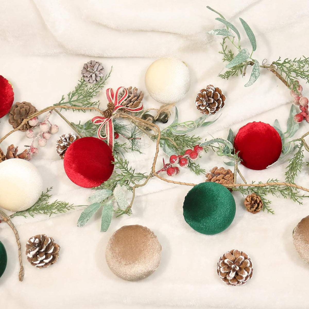 3.14" Velvet Christmas Balls, 12PCS 80MM Plastic Christmas Ball Ornaments for Xmas Tree Hanging Decorations Assortment, for Holiday Party Decor, Red, White, Green, Coffee