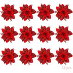 Christmas Flowers, 12 Glitter Christmas Flowers, Hollow Glitter Christmas Flower, Poinsettia Christmas Tree Artificial Flowers Ornament, Christmas
