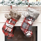 Dog Christmas Stocking 18 Inch Buffalo Plaid Christmas Stockings Plush Faux Fur Cuff Christmas Hanging Stockings with Letter and Dog Paw for Xmas Decoration
