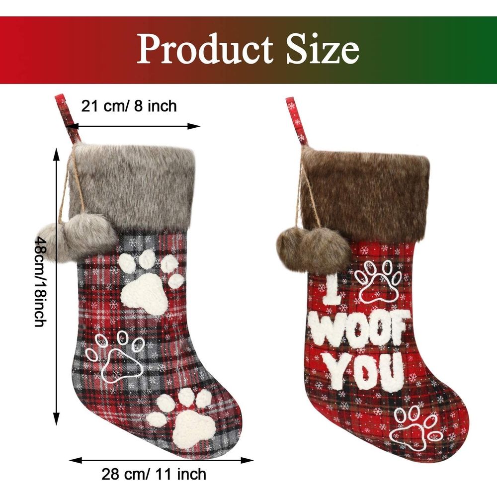 Dog Christmas Stocking 18 Inch Buffalo Plaid Christmas Stockings Plush Faux Fur Cuff Christmas Hanging Stockings with Letter and Dog Paw for Xmas Decoration