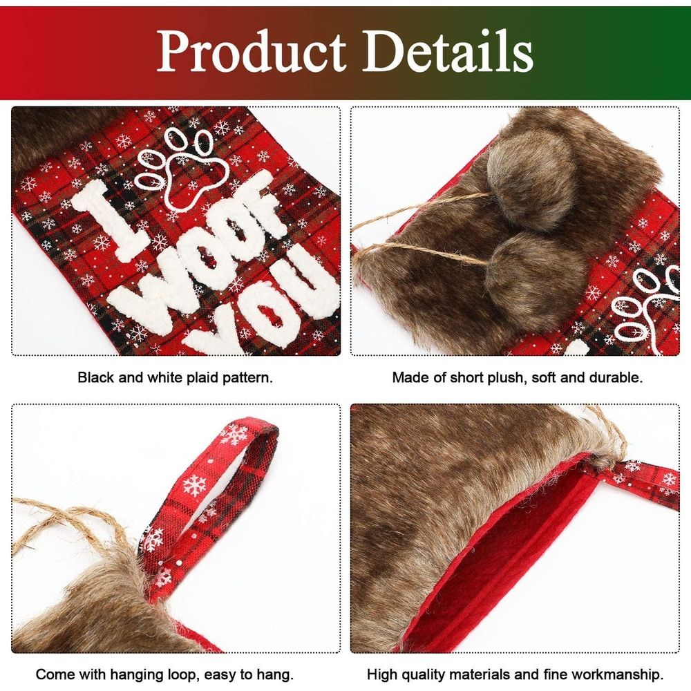 Dog Christmas Stocking 18 Inch Buffalo Plaid Christmas Stockings Plush Faux Fur Cuff Christmas Hanging Stockings with Letter and Dog Paw for Xmas Decoration