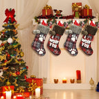 Dog Christmas Stocking 18 Inch Buffalo Plaid Christmas Stockings Plush Faux Fur Cuff Christmas Hanging Stockings with Letter and Dog Paw for Xmas Decoration