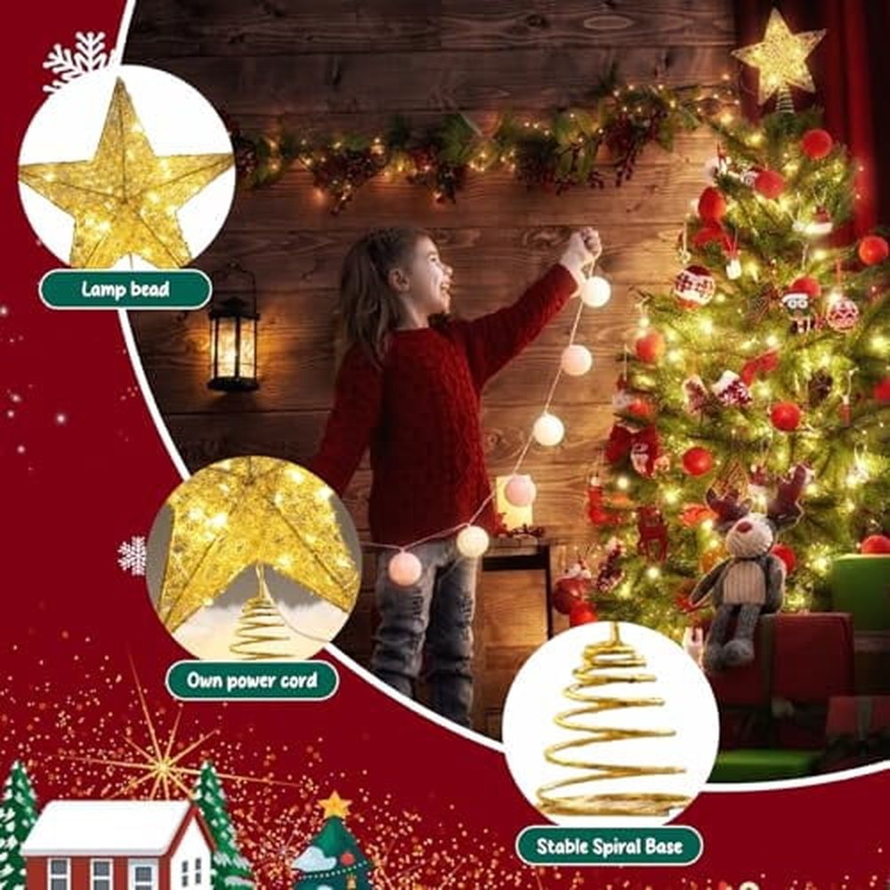 Christmas Star Tree Topper 10" Light Tree Topper with 20 Lamp Beads Shiny Star-Shape Christmas Gold Ornament for Indoor,Outdoor,Home Decor(No Battery)