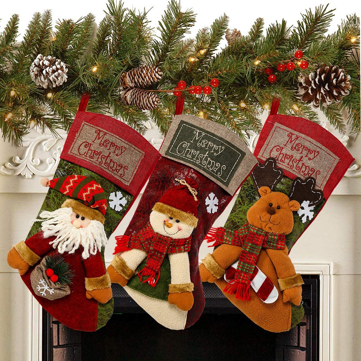 3 PCS 16.5" Christmas Stocking Classic Large Stockings Santa, Snowman, Reindeer Xmas Character for Family Holiday Christmas Party