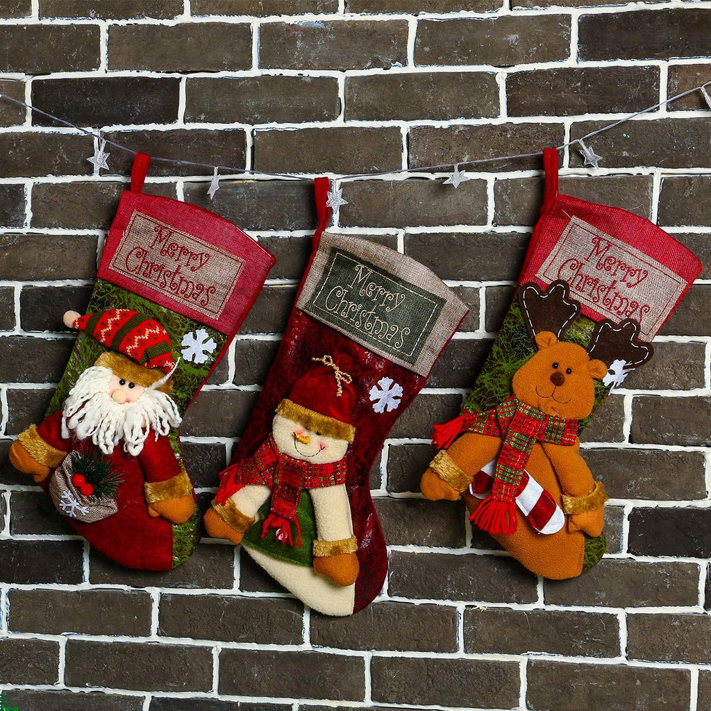 3 PCS 16.5" Christmas Stocking Classic Large Stockings Santa, Snowman, Reindeer Xmas Character for Family Holiday Christmas Party