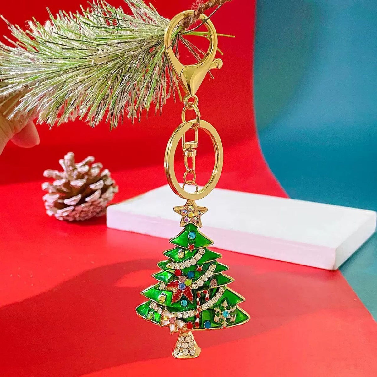 3 PCS Rhinestone Christmas Keychain Set - Zinc AlloyEnamel Santa Claus, Cute Reindeer and Christmas Tree Bag Charm Key Ring Pendant Accessories for Christmas Gifts & DIY Deco